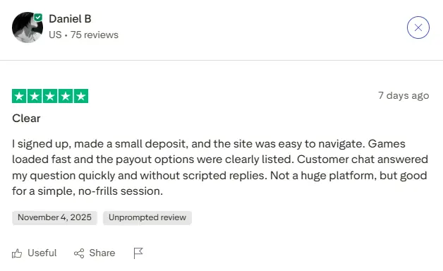 Satisfied player review about Clubhouse Casino PayID speed