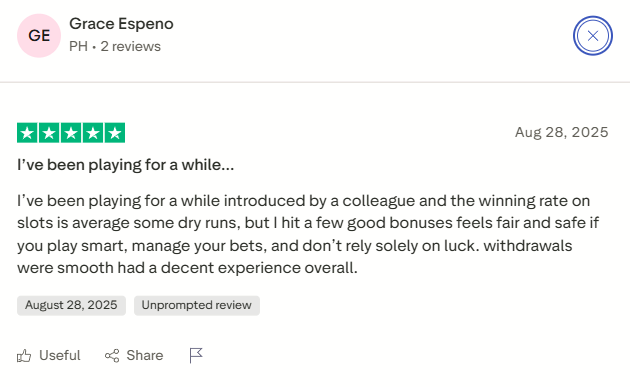 Customer testimonial for Clubhouse Casino service