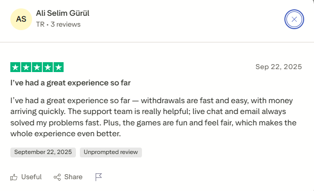 Trustpilot comment praising Clubhouse Casino promotions